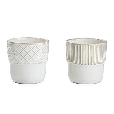 MIKIGEY Espresso Cups Set of 2, 4oz Espresso Shot Cups, Mini Coffee Mugs Farmhouse Decor, Demitasse Cup Perfect for Coffee Maker, Microwave and Dishwasher Safe, (Embossed Stripes+Checks