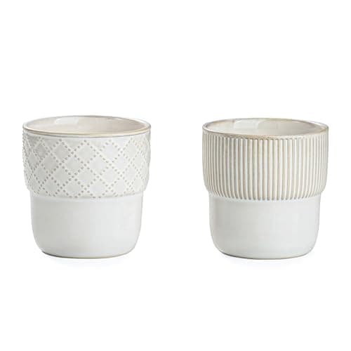 MIKIGEY Espresso Cups Set of 2, 4oz Espresso Shot Cups, Mini Coffee Mugs Farmhouse Decor, Demitasse Cup Perfect for Coffee Maker, Microwave and Dishwasher Safe, (Embossed Stripes+Checks