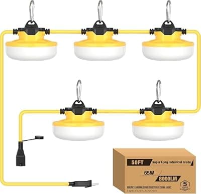 YXL 50FT 8000LM Construction String Lights, 65W Industrial String Work Lights, IP65 Waterproof Super Bright for Construction Sites Temporary Work Jobsites Outdoor Lighting