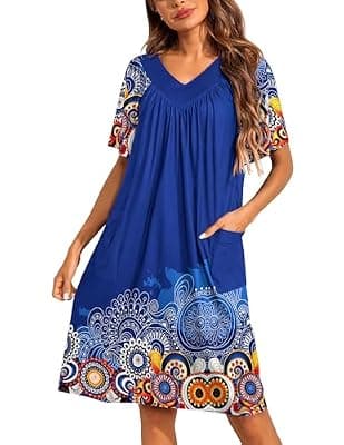 Ekouaer Moo Moos for Wommen Floral Print House Dress with Pockets Nightgown Mumu Dresses Navy XXXL